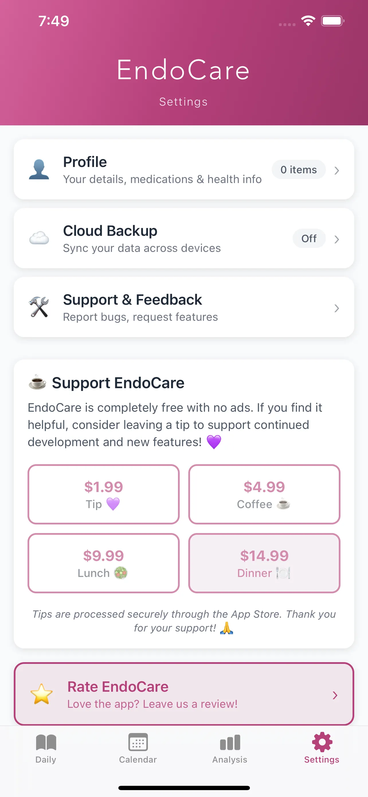 EndoCare detailed log entry