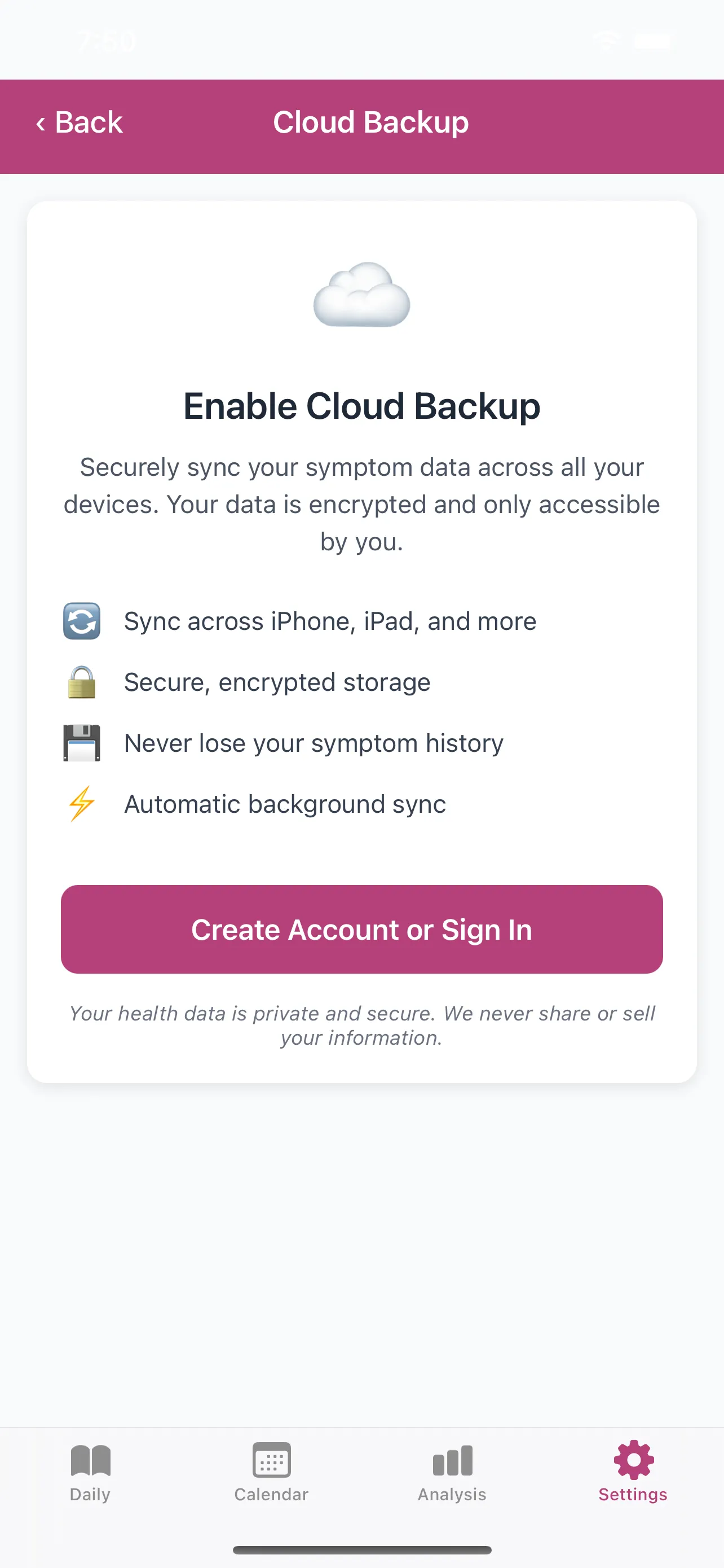 EndoCare settings and privacy
