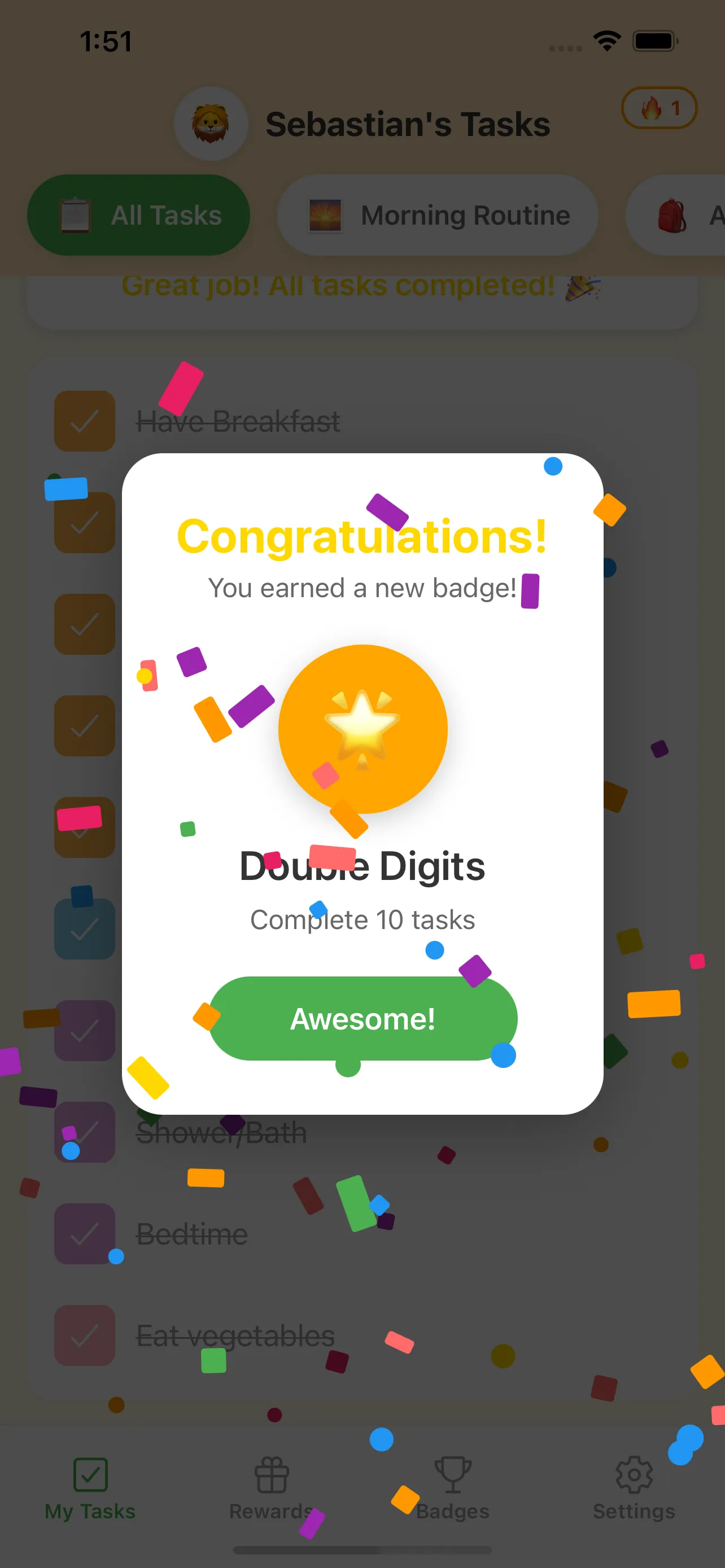 My Little Wins streak and badge progress